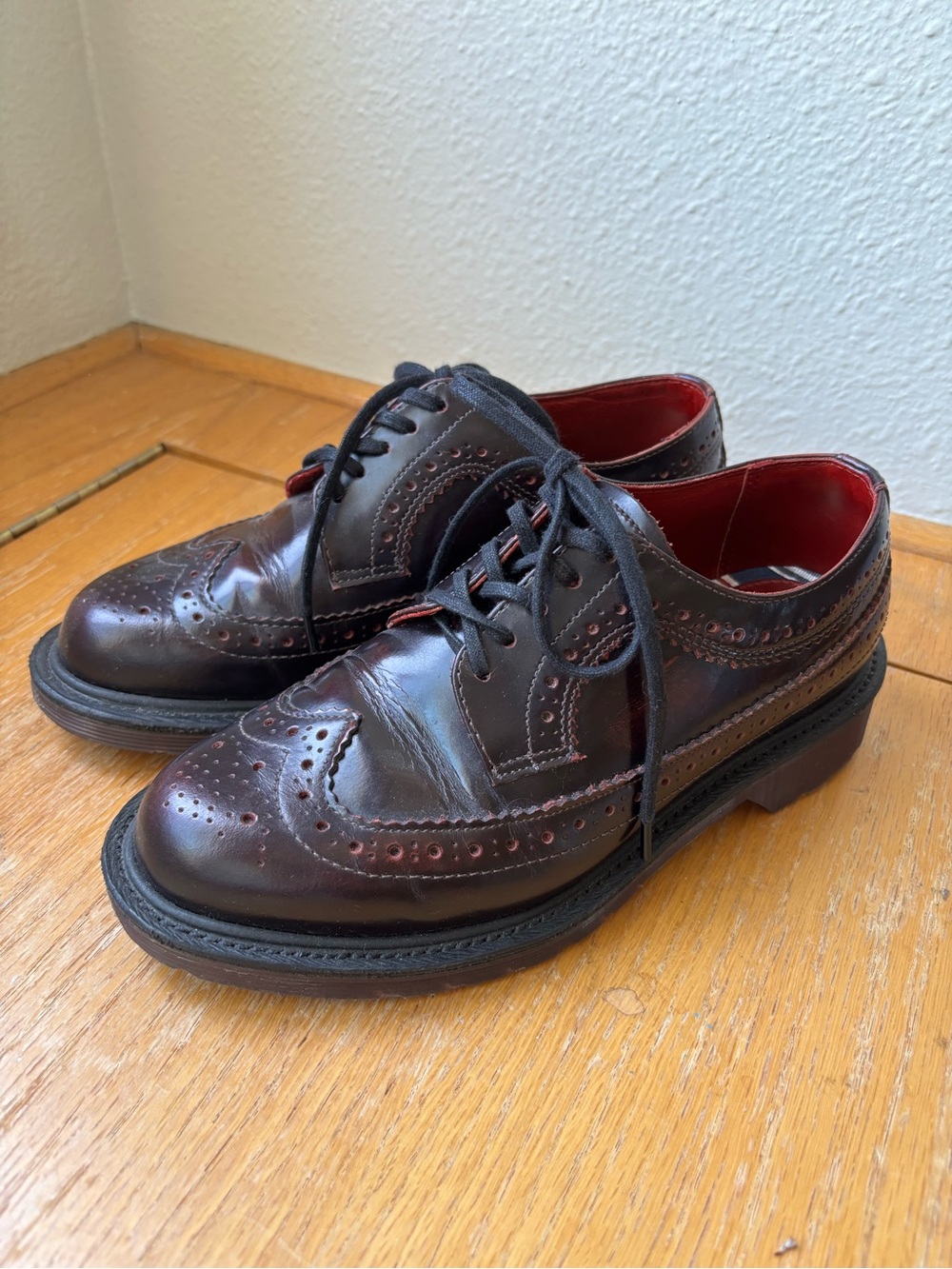 Dr. Martens Made in England Women’s Wingtip Oxfords in Dark Cherry/Burgundy